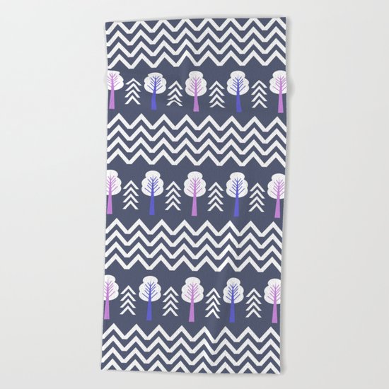 Trees and chevron in white Beach Towel