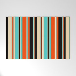 [ Thumbnail: Red, Black, Tan & Turquoise Colored Lined/Striped Pattern Welcome Mat ]