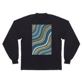 Geometrical navy blue teal gold retro wavy lines Long Sleeve T-shirt