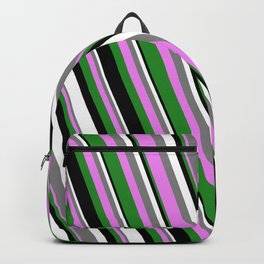 [ Thumbnail: Colorful Gray, Violet, Forest Green, Black & White Colored Striped Pattern Backpack ]