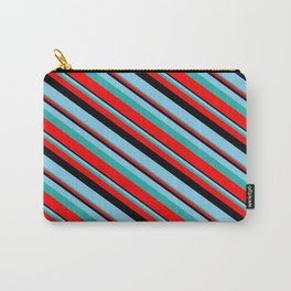 [ Thumbnail: Black, Sky Blue, Light Sea Green & Red Colored Lines/Stripes Pattern Carry-All Pouch ]