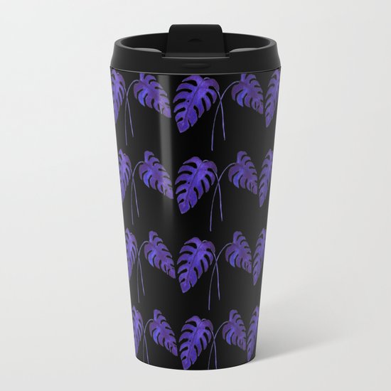 Indigo Monstera Leaf Watercolor on Black Travel Mug