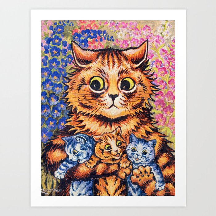A Cat with her Kittens by Louis Wain Art Print