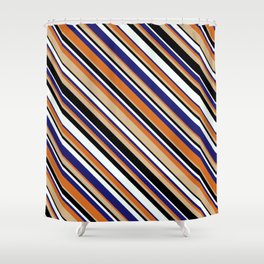 [ Thumbnail: Eyecatching Tan, Black, Mint Cream, Midnight Blue & Chocolate Colored Striped Pattern Shower Curtain ]