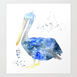 watercolor pelican splash blue galaxy bird animal abstract sillhouettespirit Art Print