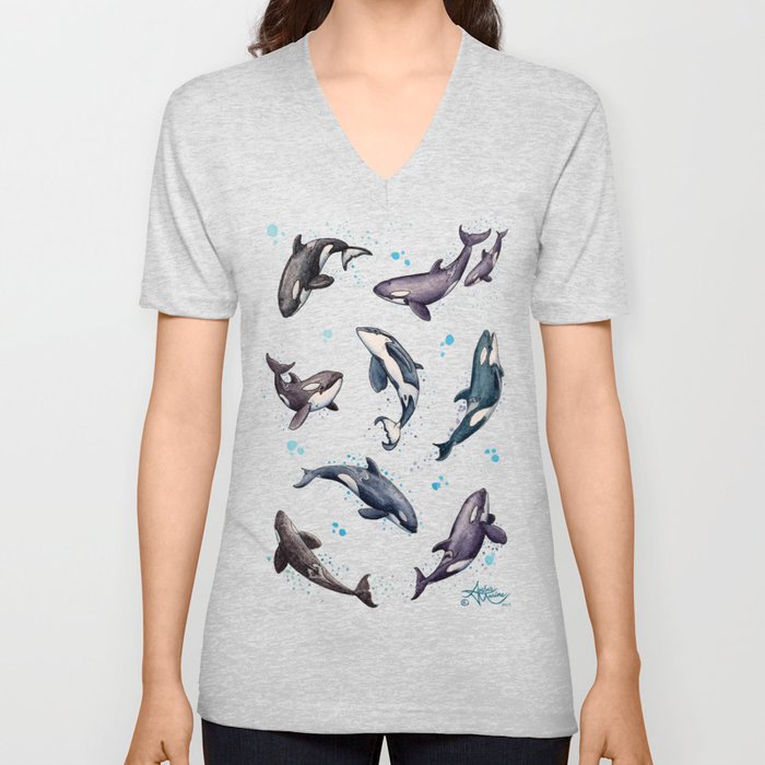 "Orca Pod in Watercolor" by Amber Marine, (Navy Blue Version) Killer Whale Art, © 2019 V Neck T Shirt