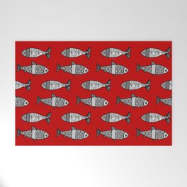 Retro Modern Fish, Deep Red and Gray / Grey Welcome Mat