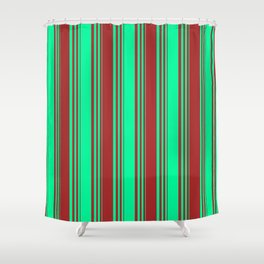 [ Thumbnail: Green & Brown Colored Striped/Lined Pattern Shower Curtain ]