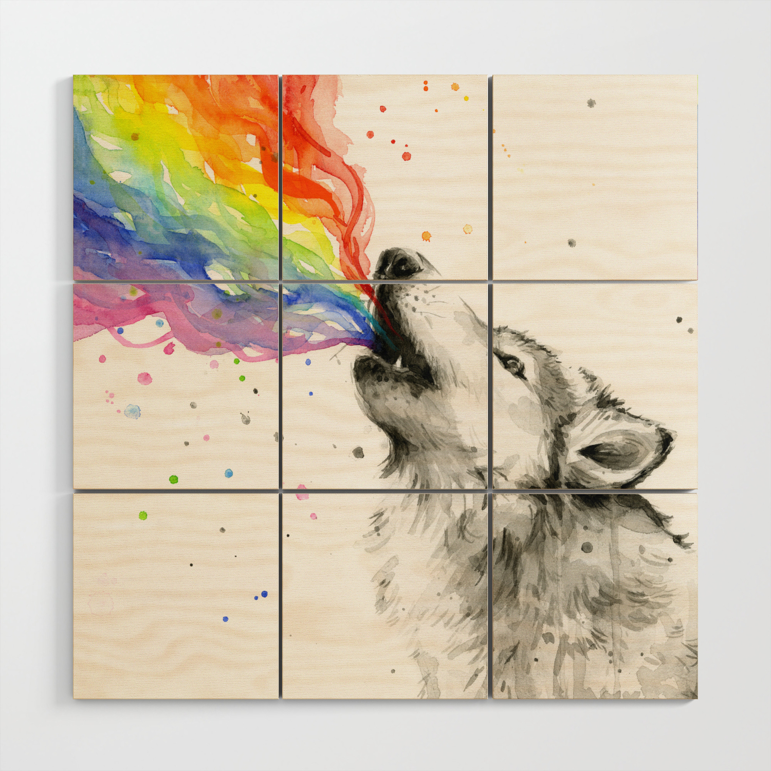 Wolf Howling Rainbow Watercolor Wood Wall Art By Olechka Society6