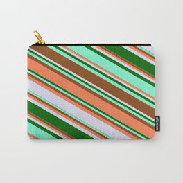 [ Thumbnail: Eyecatching Brown, Coral, Lavender, Dark Green & Aquamarine Colored Lines Pattern Carry-All Pouch ]