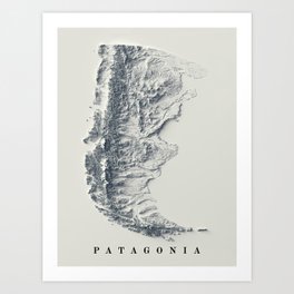 Patagonia, Argentina and Chile, Relief Map 3D digitally-rendered Art Print