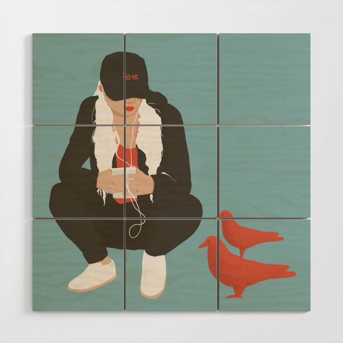 crouching with birds Wood Wall Art