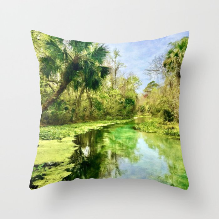 Blue Green Springs and Palm Trees Throw Pillow
