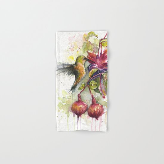 Hummingbird and Fuchsia Watercolor Hand & Bath Towel
