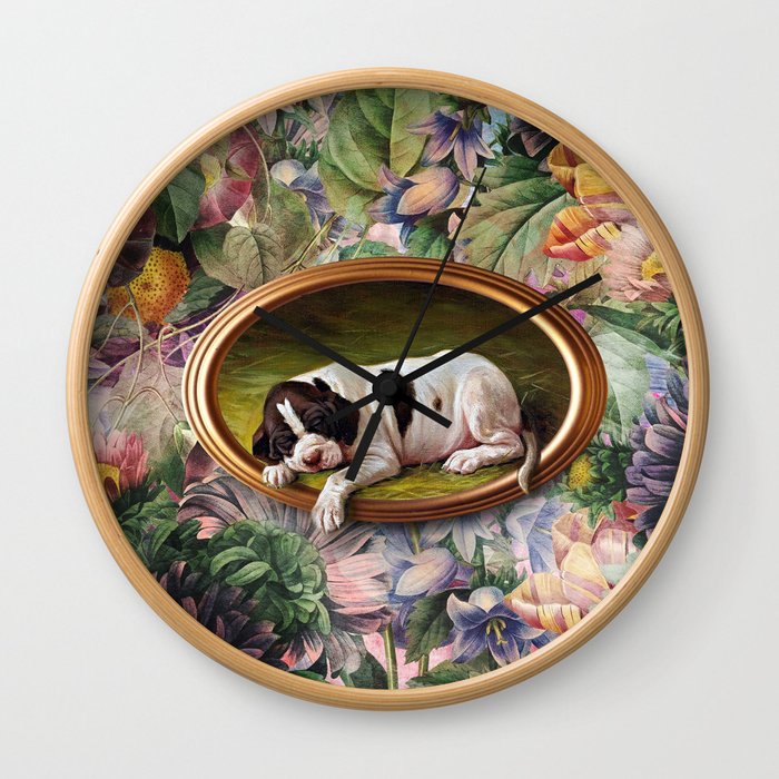 A small joke with a dog - Cute puupy sliping on the floral collage Wall Clock