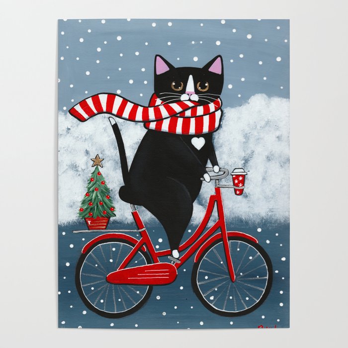 Winter Tuxedo Cat Bicycle Ride Poster