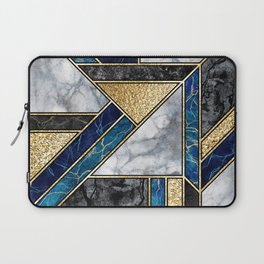 Blue, Black, Ivory, Gold Geometric Panel Abstract Marble Art Laptop Sleeve