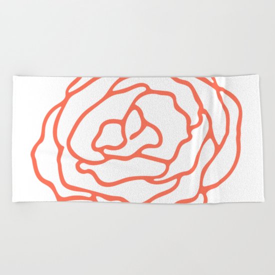 Rose Deep Coral on White Beach Towel