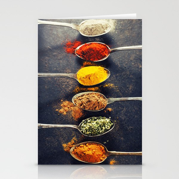Colorful spices in metal spoons Stationery Cards