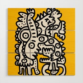 Black and White Cool Monsters Graffiti on Yellow Background Wood Wall Art