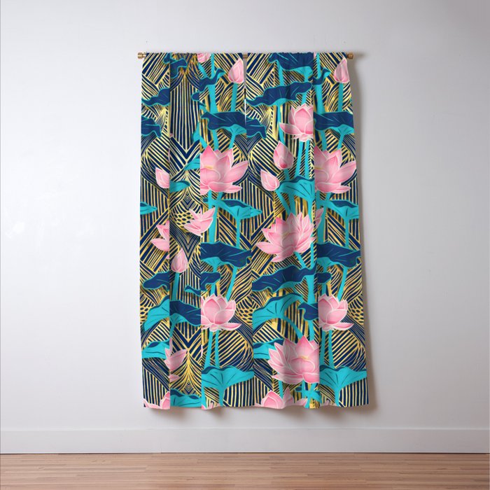 Art Deco Lotus Flowers In Pink Navy Blackout Curtain By Micklyn