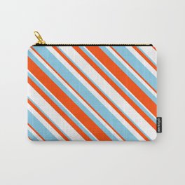 [ Thumbnail: Sky Blue, Red & White Colored Stripes/Lines Pattern Carry-All Pouch ]