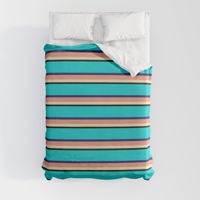 Vibrant Dark Turquoise, Midnight Blue, Dark Salmon, Tan, and Black Colored Lines/Stripes Pattern Duvet Cover