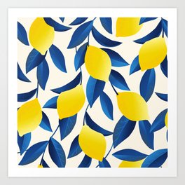 Yellow Limons and Blue Leaves Art Print