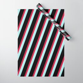 [ Thumbnail: Crimson, Turquoise & Black Colored Stripes Pattern Wrapping Paper ]