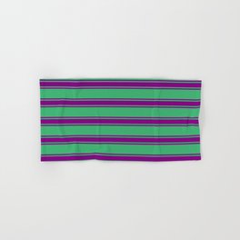 [ Thumbnail: Sea Green and Purple Colored Stripes Pattern Hand & Bath Towel ]
