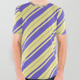 [ Thumbnail: Tan & Slate Blue Colored Stripes Pattern All Over Graphic Tee ]