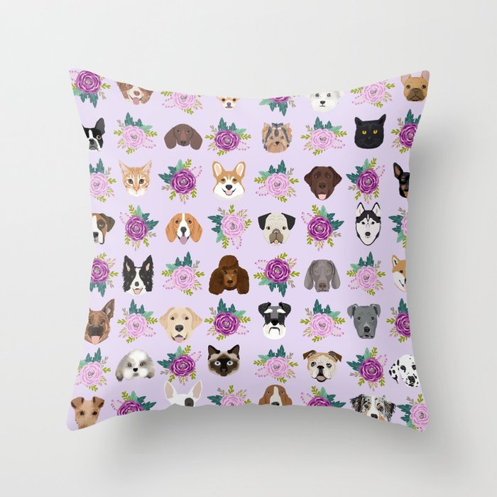 Dogs and cats pet friendly floral animal lover gifts dog breeds cat person Throw Pillow