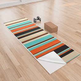 [ Thumbnail: Red, Black, Tan & Turquoise Colored Lined/Striped Pattern Yoga Towel ]