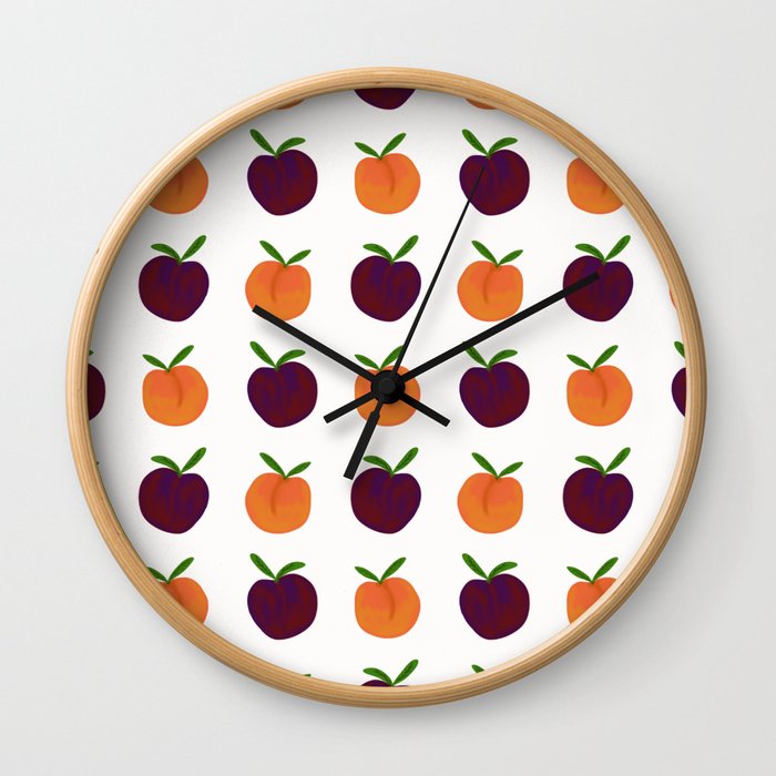 Peachy Plummy Hand-Painted Orchard Fruits in Orange and Purple Wall Clock