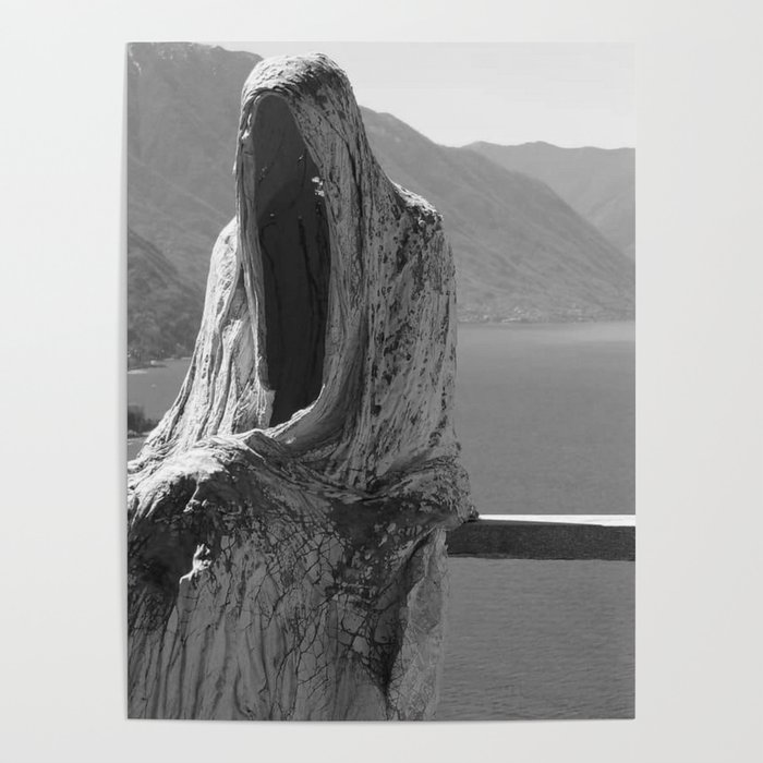 Lake Como, Ghost Sculpture over looking Italian Lake black and white photograph / art photography Poster