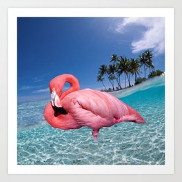Flamingo and Palms Art Print