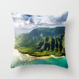Hawaii - Aerial Photography of Beautiful Mountains and Sea Landscape Throw Pillow