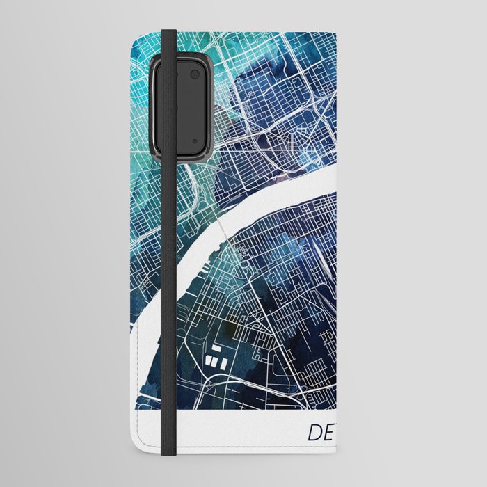 Detroit Michigan Map Navy Blue Turquoise Watercolor USA States Maps Android Wallet Case