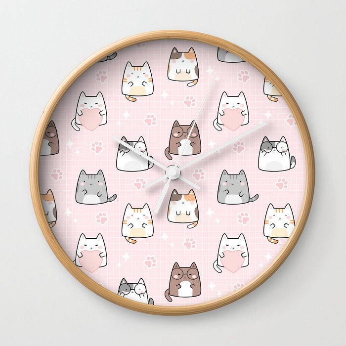 Pink Kawaii Cute Cats Pattern Wall Clock