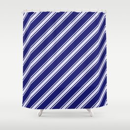 [ Thumbnail: Midnight Blue and Lavender Colored Striped Pattern Shower Curtain ]