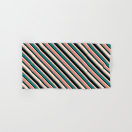 [ Thumbnail: Beige, Salmon, Teal, and Black Colored Lined Pattern Hand & Bath Towel ]