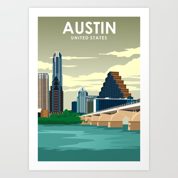 Austin Texas United States Vintage Minimal Retro Travel Poster Art Print