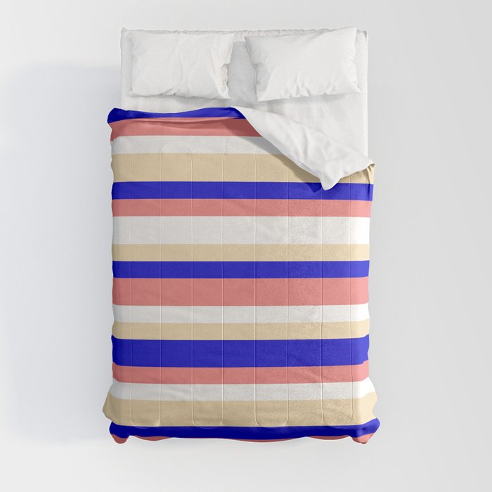 Blue, Light Coral, White & Tan Colored Lined/Striped Pattern Comforter