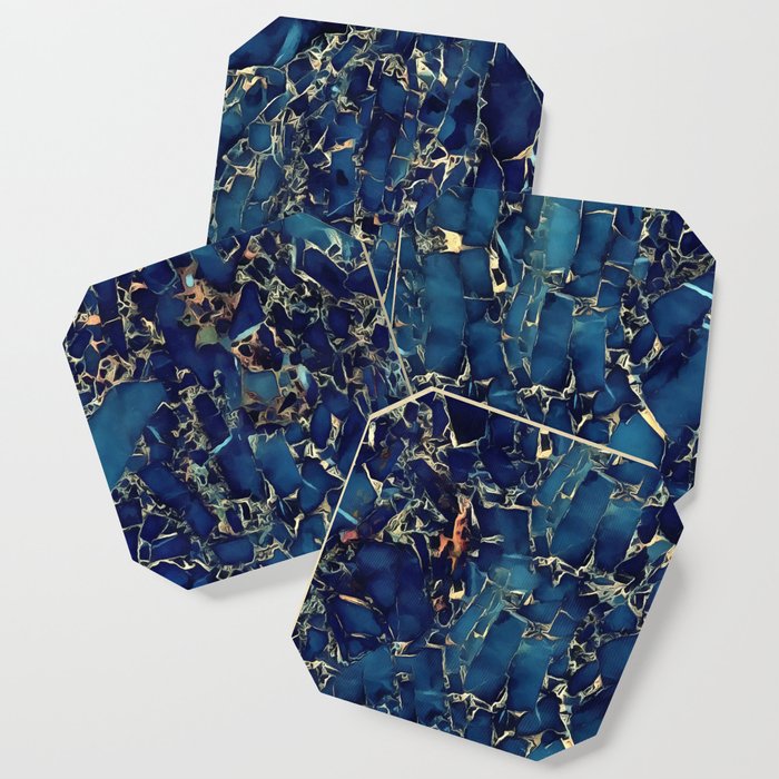 Dark Blue Stone Marble Abstract Texture With Gold Streaks Coaster By Catyarte Society6