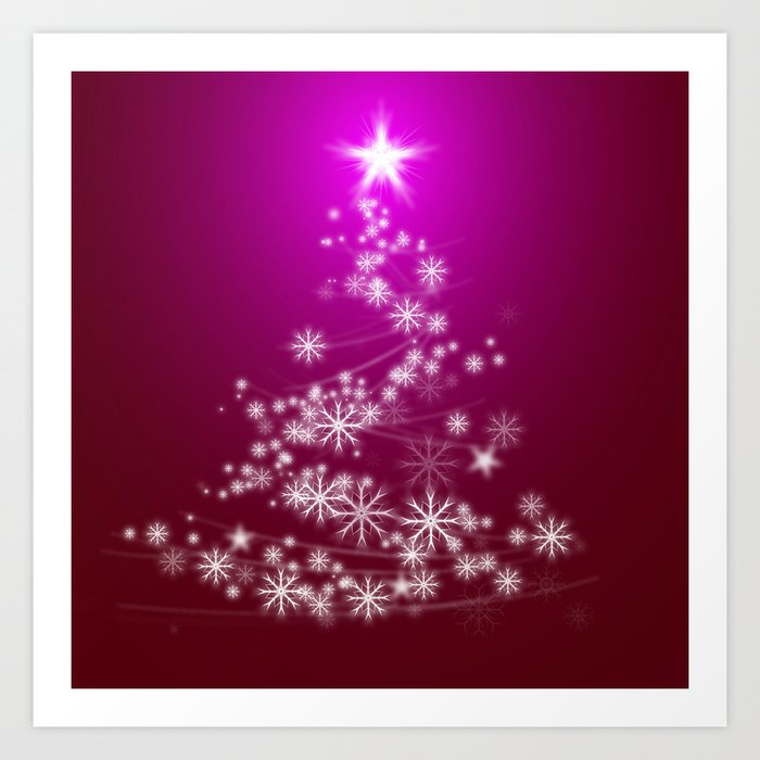 Whimsical Glowing Christmas Tree with Snowflakes in Red Bokeh Art Print