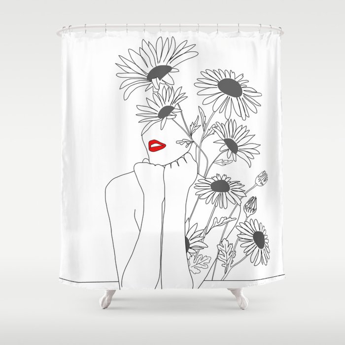 Minimal Line Art Girl with Sunflowers Shower Curtain