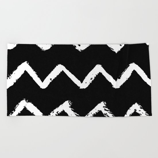 Chevron Stripes White on Black Beach Towel