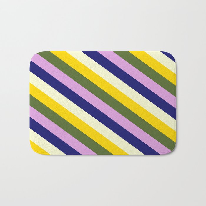 Colorful Light Yellow, Yellow, Dark Olive Green, Plum, and Midnight Blue Colored Pattern of Stripes Bath Mat