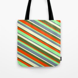 [ Thumbnail: Eyecatching Green, Light Slate Gray, Light Yellow, Dark Olive Green, and Red Colored Lined Pattern Tote Bag ]