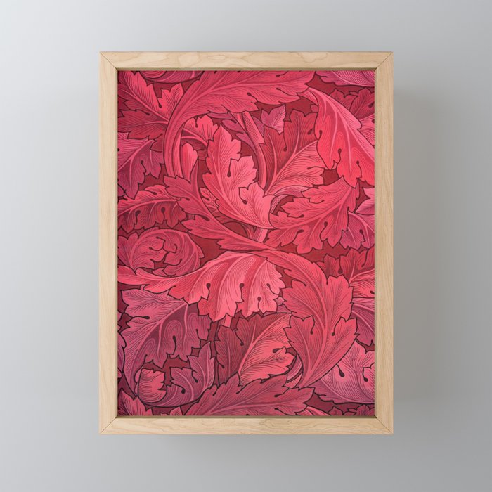 William Morris herbaceous acanthus crimson red Italian Laurel textile floral leaf print for duvet, curtain, pillow, bathroom, wallpaper, and home and wall decor Framed Mini Art Print